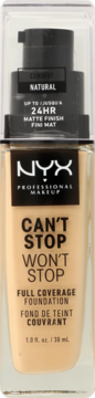 NYX Can't Stop Won't Stop Full Coverage Foundation, light beige, matte finish, 24HR wear, full front view.