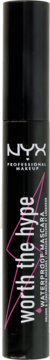 NYX Worth the Hype Waterproof mascara, czarna tubka z różowymi napisami i geometrycznymi wzorami, widok z przodu.