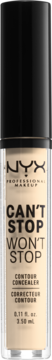 NYX Can't Stop Won't Stop Contour Concealer, beżowy odcień w przezroczystej butelce z czarną zakrętką, widok z przodu.