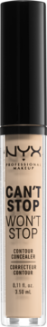 NYX Can't Stop Won't Stop Contour Concealer w transparentnej tubce z czarną nakrętką, odcień beżowy, widok z przodu.