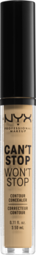 NYX Can't Stop Won't Stop Contour Concealer w beżowej tubce z czarną nakrętką, widok z przodu, stojąca pionowo na białym tle.