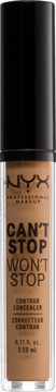 NYX Can't Stop Won't Stop Contour Concealer w brązowym odcieniu, matowy, widok z przodu butelki.