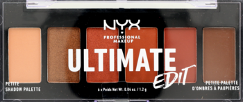 NYX Ultimate Edit Petite Palette Phoenix, 6 ciepłych cieni, zamknięta w przezroczystym etui, widok z góry.