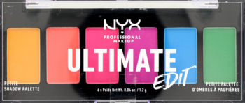 Paleta cieni NYX Ultimate Edit Petite Shadow Palette, 5 żywych kolorów: pomarańczowy, czerwony, różowy, niebieski, zielony.