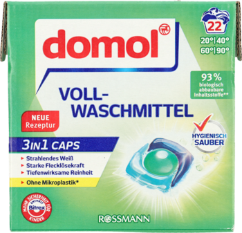 Domol Voll-Waschmittel 3in1 Caps, zielono-białe kartonowe opakowanie, 22 kapsułki do prania białych tkanin.