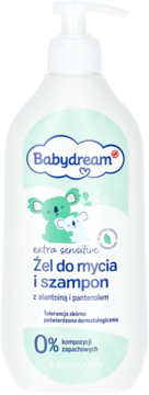 Biała butelka Babydream Żel do mycia i szampon z pompką, widok z przodu, z grafiką koali.