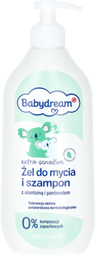 Biała butelka Babydream Żel do mycia i szampon z pompką, widok z przodu, z grafiką koali.