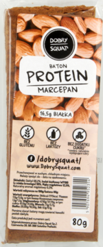 Baton Dobry Squat Protein Marcepan 80g, przód opakowania z migdałami, bez glutenu i laktozy.