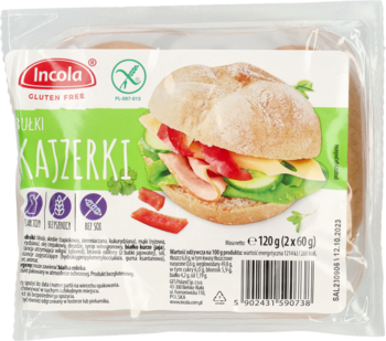 Incola bezglutenowe bułki kajzerki w przezroczystym opakowaniu, z obrazkiem kanapki, widok z przodu.