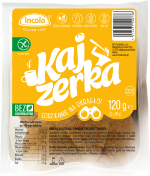 Opakowanie Incola Bezglutenowe Kajzerki 120g, żółta etykieta z filiżanką i dwoma bułkami, widok z przodu.