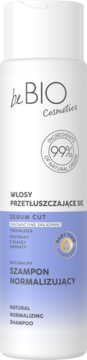 Biała butelka szamponu beBIO Normalizującego Sebum Cut do włosów przetłuszczających się, 99% naturalny skład.