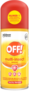 Czerwono-żółty spray OFF! multi-insect repellent w puszce, widok z przodu, z napisem "Suchy Aerozol".
