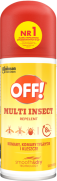 OFF! Multi Insect Repelent w żółtym aerozolu z czerwoną nakrętką, 8h ochrony przed komarami i kleszczami.