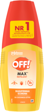 Żółto-czerwony atomizer OFF! Max Repelent, widok z przodu, z napisem "NR 1" i ikonami komara/kleszcza, 8h ochrony.