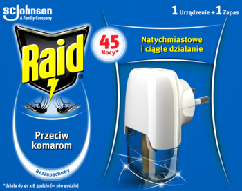 Raid elektrofumigator 45 Nocy: białe opakowanie z wtyczkowym urządzeniem i płynem przeciw komarom.