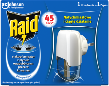 Niebieskie opakowanie Raid elektrofumigatora z białym urządzeniem i płynem przeciw komarom, 45 nocy, przód.