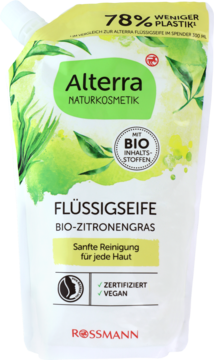 Alterra Bio-Zitronengras płynne mydło w białej, miękkiej torebce z zielonym wzorem i hasłem "78% mniej plastiku".