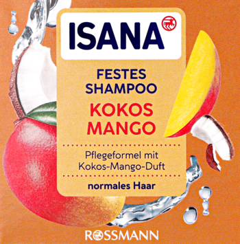 ISANA Festes Shampoo Kokos Mango, szampon w kostce dla normalnych włosów, na pomarańczowym tle z owocami.