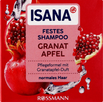 Czerwone opakowanie szamponu w kostce Isana Granat Apfel. Z przodu owoc granatu i tekst dla włosów normalnych.