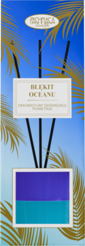 Frontowe ujęcie dwufazowego odświeżacza powietrza Błękit Oceanu: wysoka butelka, niebiesko-turkusowy płyn, patyki.