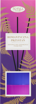 Dwufazowy odświeżacz Romantyczna Przystań w opakowaniu, gradient purpury, różu, złote paprocie, niebiesko-różowy płyn.