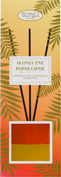 Dekoracyjny dyfuzor zapachowy "Słoneczne Popołudnie", opakowanie pomarańczowo-złote z liśćmi palm i czarnymi patyczkami.