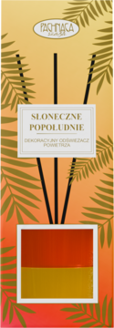 Dekoracyjny dyfuzor zapachowy "Słoneczne Popołudnie", opakowanie pomarańczowo-złote z liśćmi palm i czarnymi patyczkami.