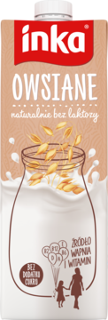 Inka Owsiane napój roślinny, naturalnie bez laktozy, karton z grafiką owsa i mleka, bogaty w witaminy.