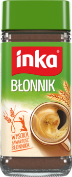 Słoik Inka Błonnik, kawa zbożowa z inuliną, zielono-czerwona etykieta, filiżanka, pszenica, widok z przodu.