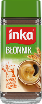 Inka Błonnik kawa zbożowa z inuliną w szklanym słoiku, zielona etykieta z kubkiem napoju i pszenicą, widok z przodu.
