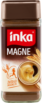 Inka Magne, kawa zbożowa z magnezem, w szklanym słoiku. Brązowa etykieta z grafiką zboża i filiżanką napoju, widok przód.