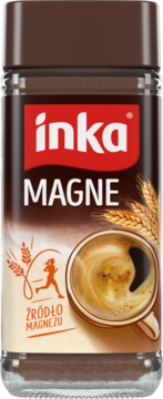 Kawa zbożowa Inka Magne w szklanym słoiku z brązową zakrętką, z przodu etykieta z kubkiem napoju i napisem Źródło Magnezu.