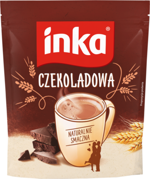 Inka Czekoladowa, brązowa torebka z kubkiem gorącego napoju, ziarnami zbóż i kawałkami czekolady, widok z przodu.