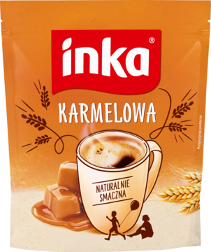 Inka Karmelowa, pomarańczowa saszka rozpuszczalnej kawy zbożowej z karmelem, widok z przodu. Napis: "NATURALNIE SMACZNA".