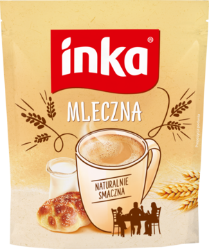 Opakowanie Inka Mleczna 3w1, napój zbożowy z mlekiem. Na przodzie kubek parującej kawy, zboża i pieczywo na beżowym tle.