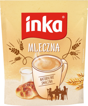 Złota saszetka Inka Mleczna, kawa zbożowa 3w1, z kubkiem napoju, kłosami i grafiką rodziny z przodu.