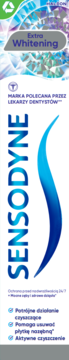Sensodyne Extra Whitening pasta do zębów, białe opakowanie z geometrycznym wzorem, niebieskie logo, widok z przodu.