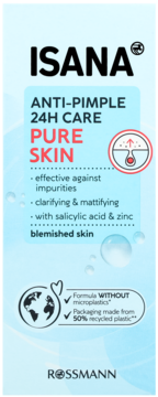 Isana Pure Skin 24h krem przeciwtrądzikowy, jasnoniebieskie opakowanie z kwasem salicylowym, widok z przodu.