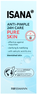Isana Pure Skin 24h krem przeciwtrądzikowy, jasnoniebieskie opakowanie z kwasem salicylowym, widok z przodu.