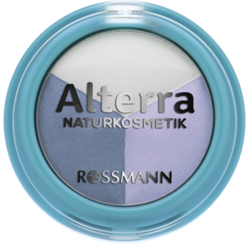 Alterra Trio cień do powiek Blue Water, turkusowe opakowanie z logo Rossmann, widok z góry, biały i fioletowo-niebieskie odcienie.