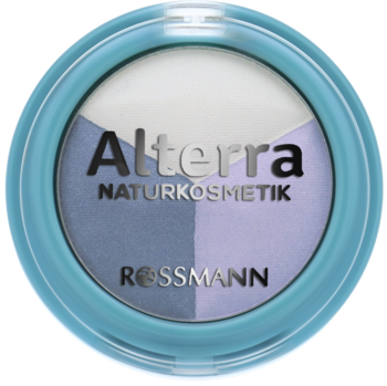 Alterra Trio cień do powiek Blue Water, turkusowe opakowanie z logo Rossmann, widok z góry, biały i fioletowo-niebieskie odcienie.