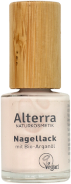 Alterra Nagellack z Bio-Arganem, butelka w delikatnym beżowym kolorze, z drewnianą zakrętką, widok z przodu.