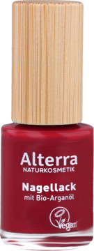 Czerwony wegański lakier Alterra Naturkosmetik z Bio-Arganöl, szklana butelka, drewniany korek, przód.