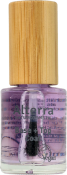 Alterra top coat + baza do paznokci w szklanej butelce z drewnianym korkiem, lekko fioletowy.