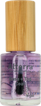 Alterra top coat + baza do paznokci w szklanej butelce z drewnianym korkiem, lekko fioletowy.