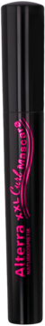 Czarny tusz do rzęs Alterra XXL Curl, z różowym napisem i falistym logo, pionowo na jasnym tle.
