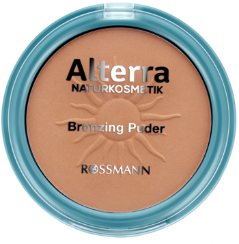 Alterra Naturkosmetik bronzing puder 02 Sun Kissed, 9g, turkusowa puderniczka, brązowy puder ze słońcem.