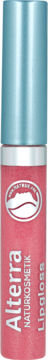Alterra NATURKOSMETIK Lipgloss Soft Red w różowej tubce z błękitną nakrętką, widok z przodu, naturalny połysk.
