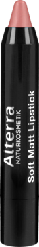 Alterra Soft Matt Lipstick w ciemnej tubce, widoczna brzoskwiniowo-różowa, matowa końcówka pomadki.