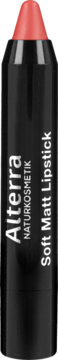 Alterra Soft Matt Lipstick Modern Red w czarnej kredce. Pionowe ujęcie, widoczny matowy, koralowy wkład.
